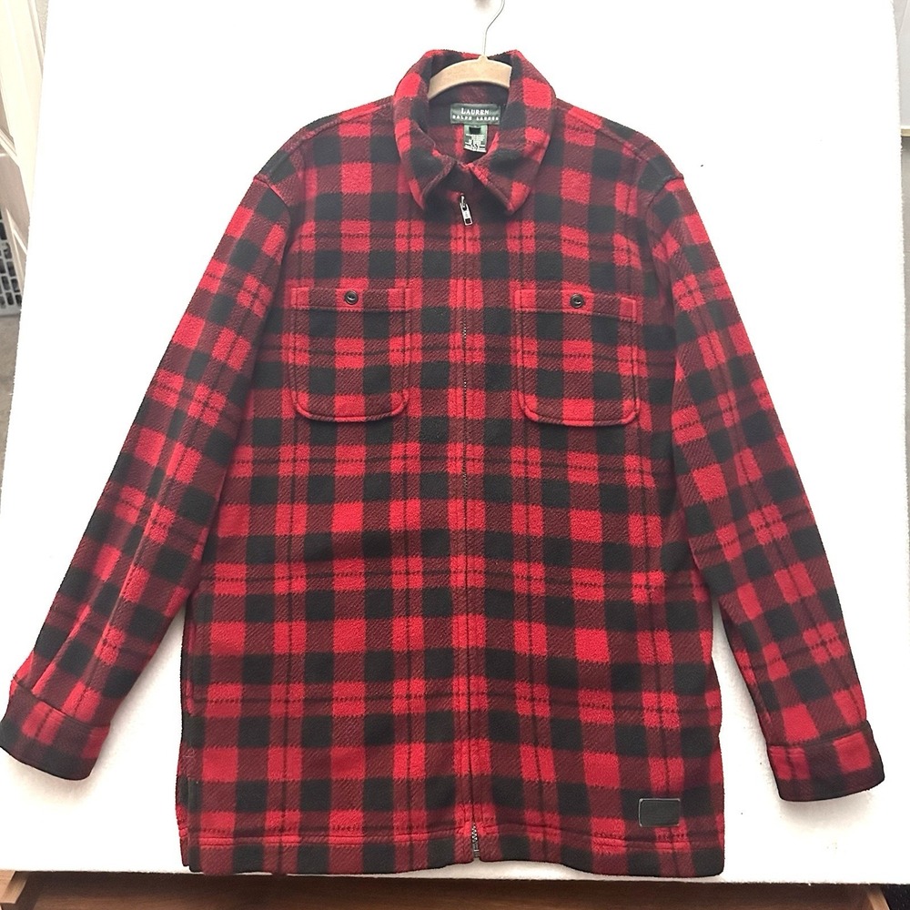 Ralph‎ Lauren S Small Buffalo Plaid Fleece Full Zip Jacket Red Black Pockets